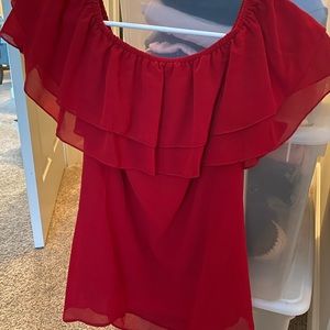 Red over the shoulder ruffle shirt size small